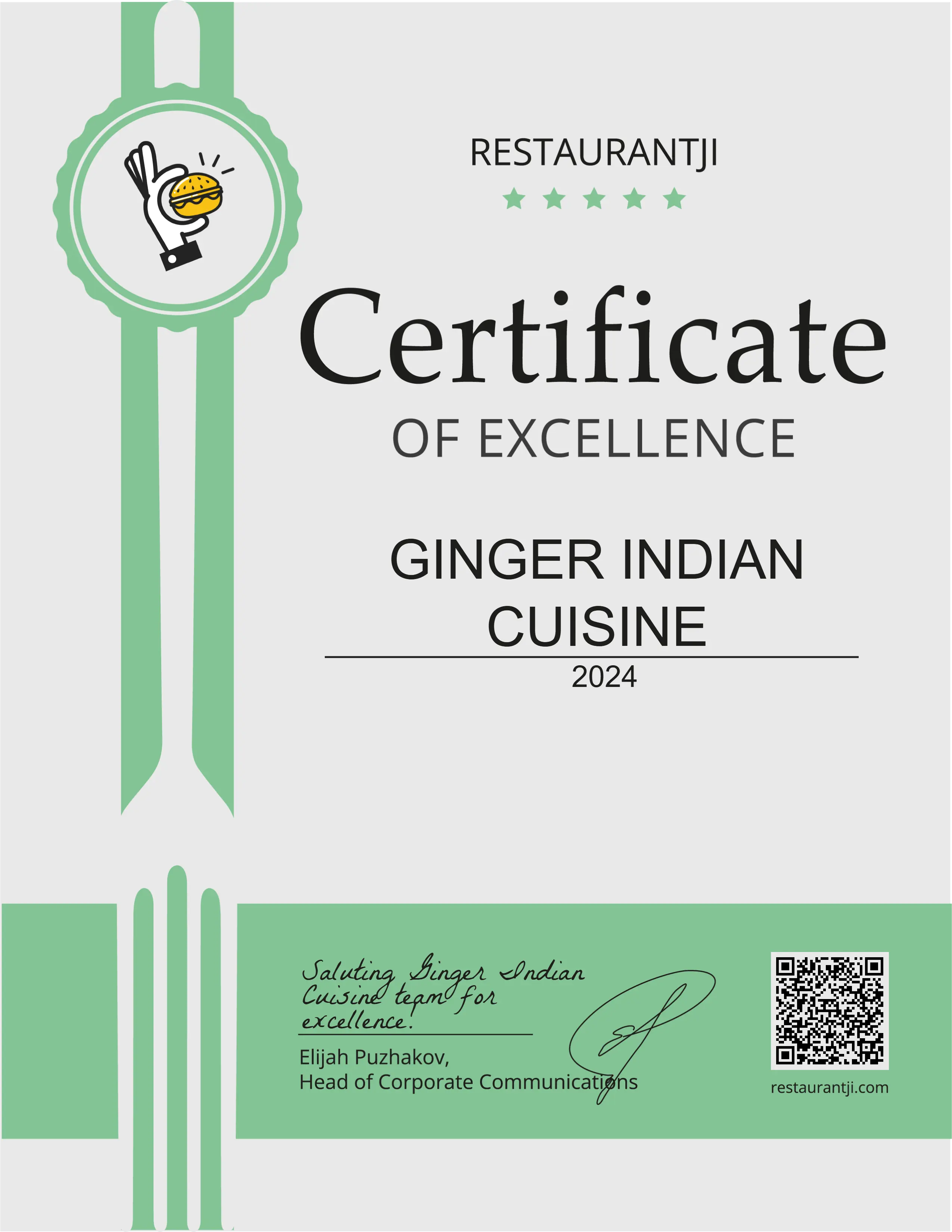 Restaurantji Certificate of Excellence - Ginger Indian Cuisine Richmond